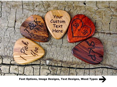 custom engraved wooden guitar pick choose wood type  design