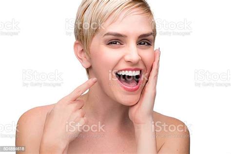 Cute Fun Laughing Perfect White Teeth Straight Smile Pointing Mouth