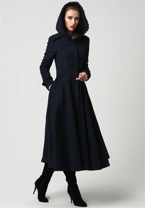 long wool coat womens coats navy blue coat  size coat etsy