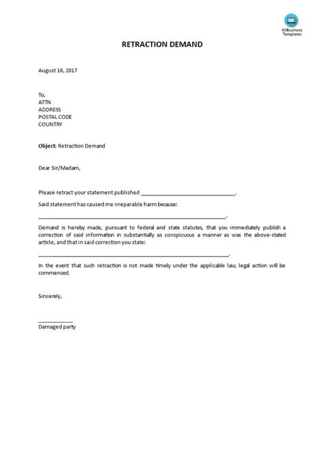 retraction demand letter     letter demand   retraction