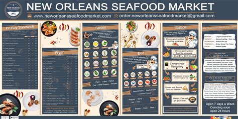 menu   orleans seafood market  shown  blue  brown colors  information