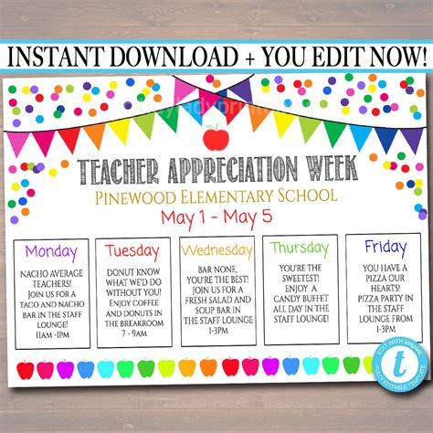 teacher staff appreciation week itinerary poster printable tidylady printables