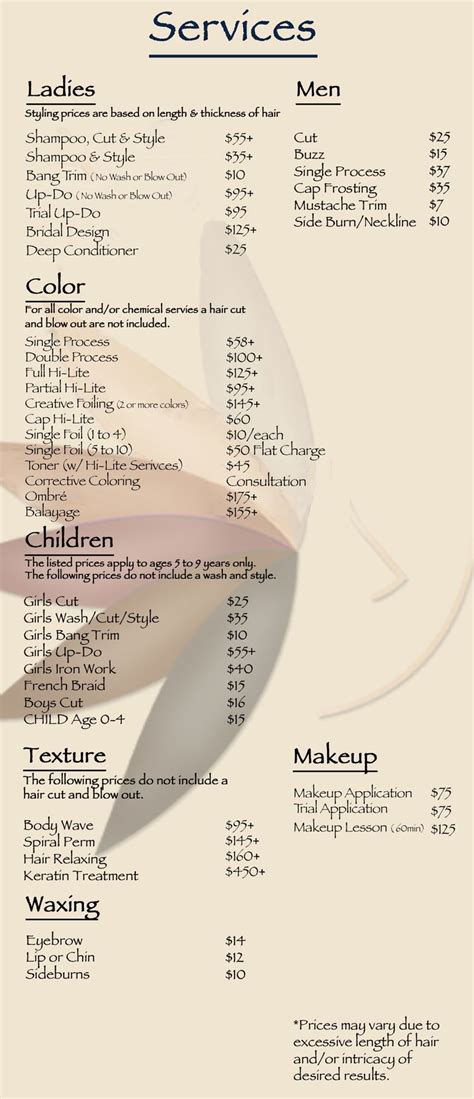 image result  hair salon services  price list hair salon price