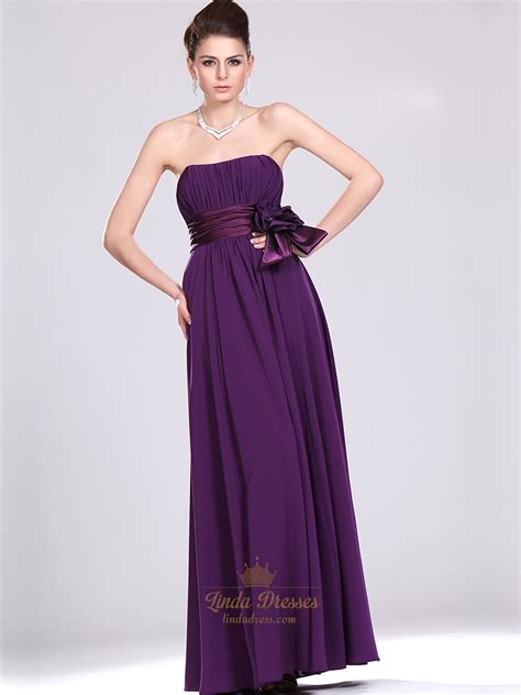 Purple Strapless Chiffon Full Length Bridesmaid Dresses