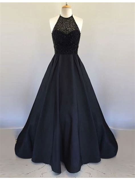 Elegant A Line Halter Sleeveless Backless Long Black Prom Dress With