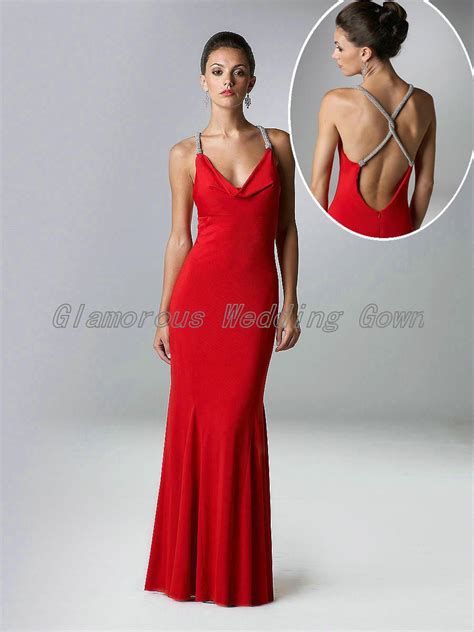 attractive red long spaghetti straps backless sheath party evening