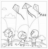 Kite Flying Kids Outline Drawing Coloring Boy Kites Playing Clip Children Holding sketch template