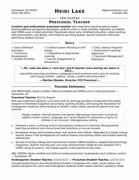 sample resume  teachers   preschool teacher resume