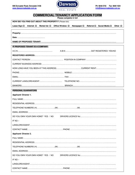 commercial tenant lease application form templates