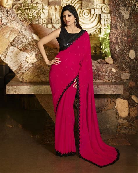 pink embroidered georgette saree and unstitched blouse in