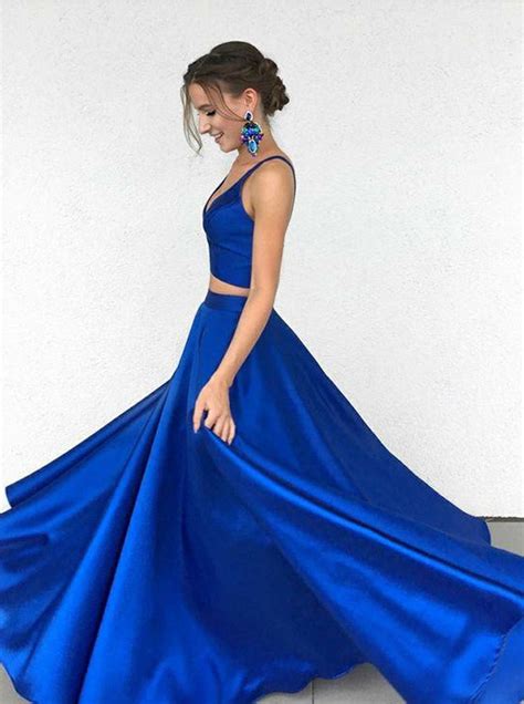 two piece v neck floor length royal blue satin prom dress with pockets