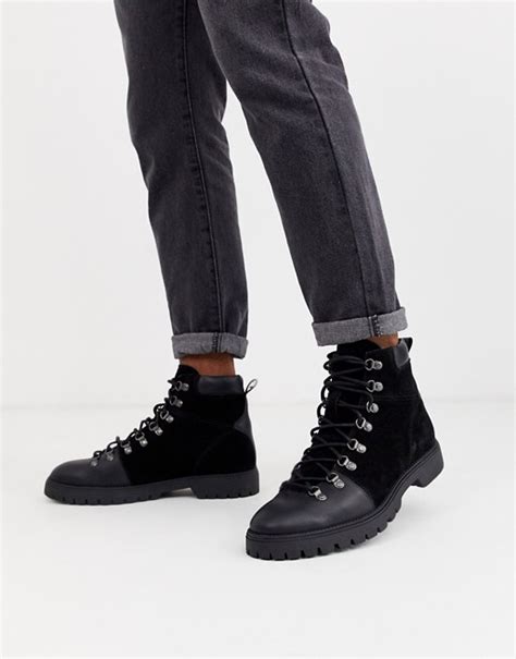 asos design hiking boots in black leather asos
