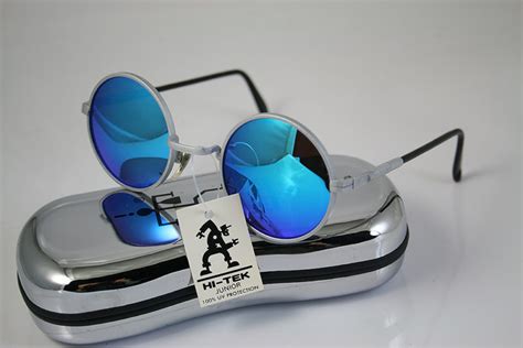 round sunglasses silver metal frame blue mirror lens hi tek hjl9