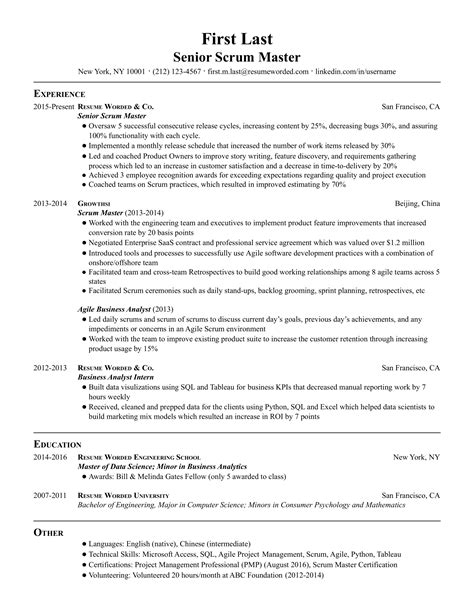 senior scrum master resume examples   resume worded