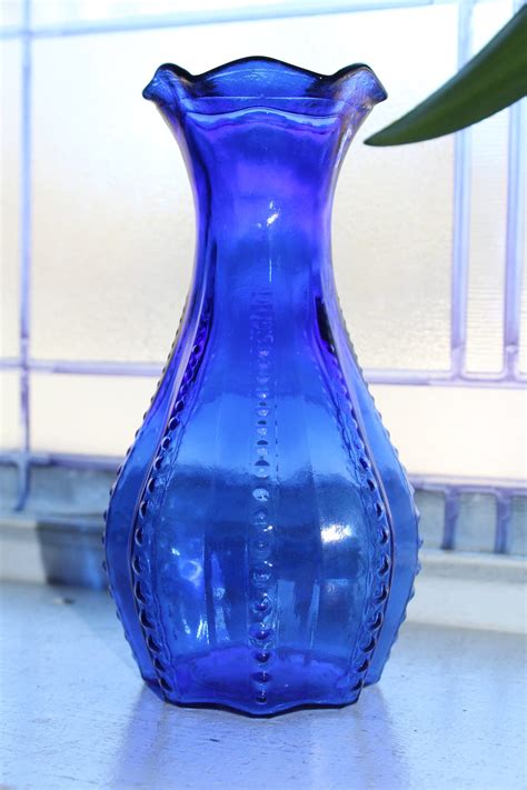 Art Deco Cobalt Blue Glass Vase Beaded Rib Vintage 1920s