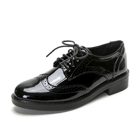 patent leather thick heel lace  black oxfords ladies classic leather casual school style brock