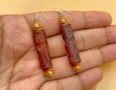 sassanian  rare carnelian intaglio king amazing beads earrings etsy