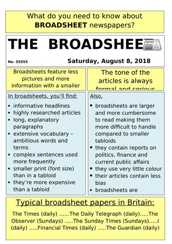 broadsheet  tabloid display poster teaching resources