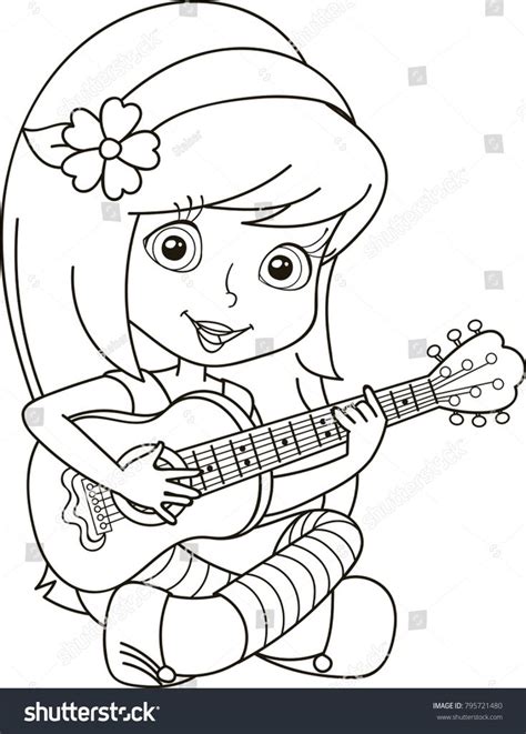 coloring page outline  cartoon cute girl plays guitar vector