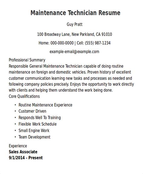 sample maintenance technician resume templates  ms word