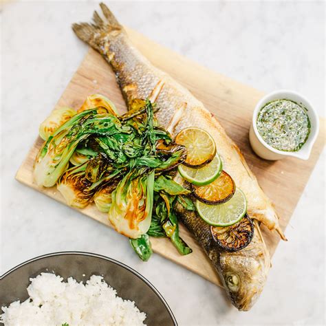Whole Baked Sea Bass With Lemongrass Bok Choy And Coconut Rice Gk