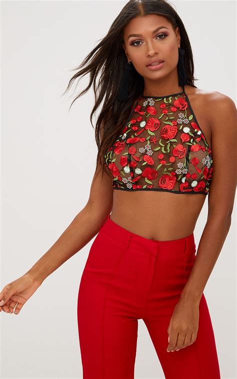 Red Liberty Embroidered Halterneck Crop Top Crop Tops Tops Fashion