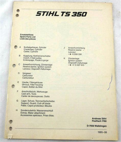 stihl ts  spare parts list manual oem illustrated pre owned  shipping ebay