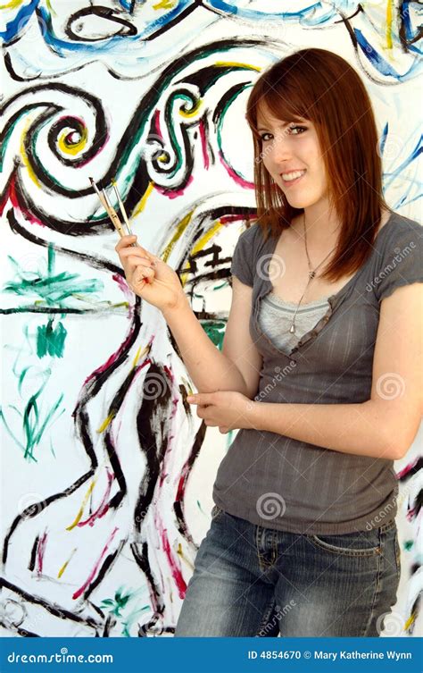young female painter  artist stock photo image  brush happy