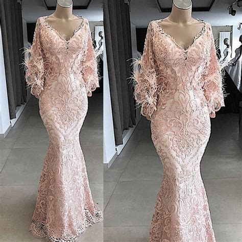 feather evening dresses long  pink lace applique  neck modest elegant mermaid luxury