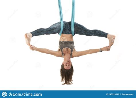 Fun Girl Hangs Upside Down On Sports Hammock Inverted Asana Stock