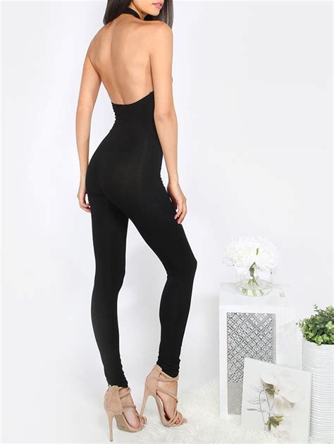 halterneck sleeveless backless jumpsuit black backless jumpsuits