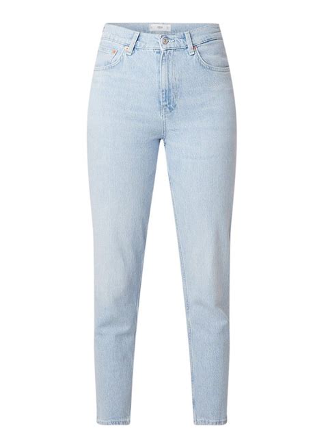 mango mango  mom high waist slim fit cropped jeans met lichte wassing indigo de bijenkorf