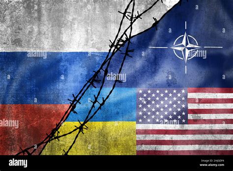 Grunge Flags Of Russian Federation Nato Usa And Ukraine Divided By