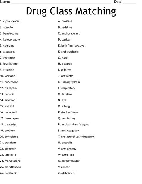 drug class matching worksheet wordmint