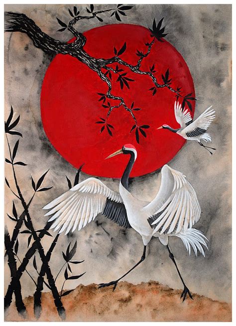 japanese style red crowned crane watercolour original etsy uk