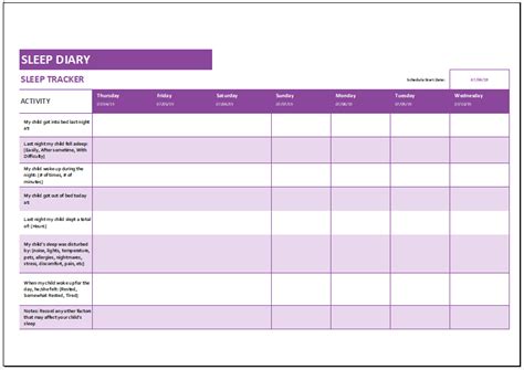 child sleep diary template  excel  letter