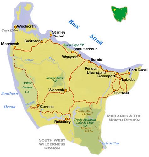 north west tasmania road region map