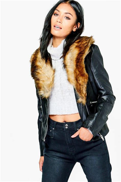 black leather jacket  fur collar womens softy fur