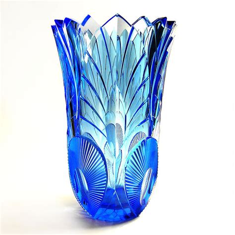 Art Deco Bohemian Czech Cobalt Blue Crystal Art Glass Vase 30s Toothed