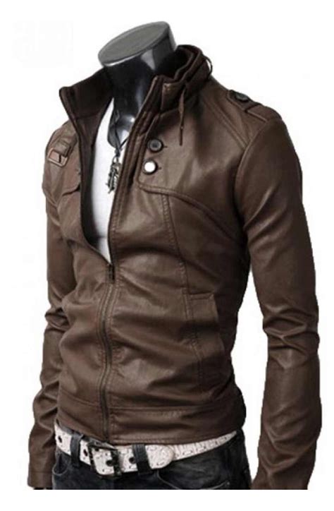 light brown leather jacket men button pocket slim fit jacket
