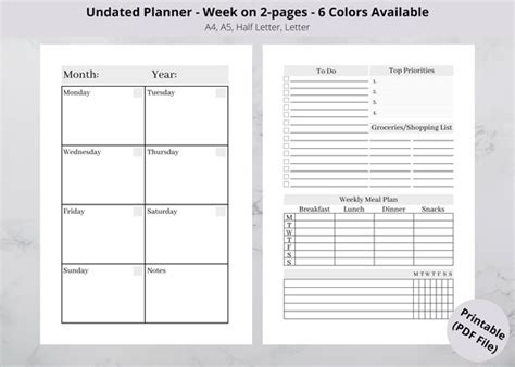 printable undated personal weekly planner digital  etsy