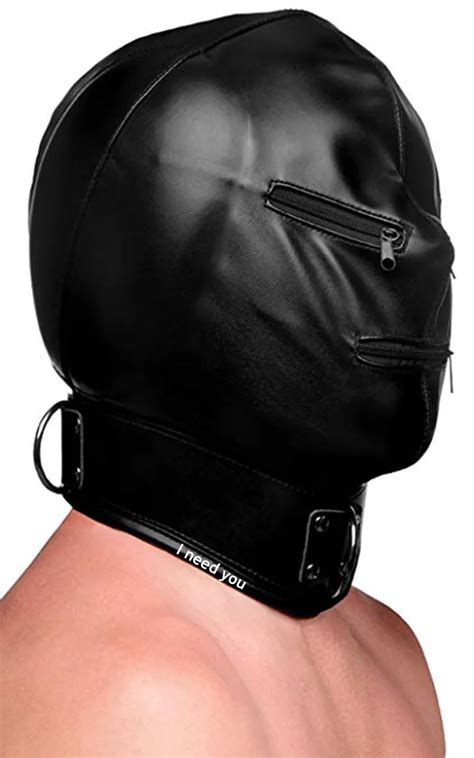 leather bondage mask head hood with with posture collar soft padded