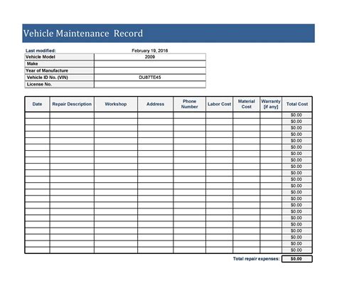 printable vehicle maintenance log excel templates excel