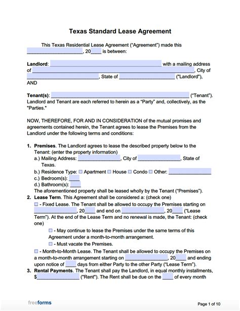 texas standard residential lease agreement template  word