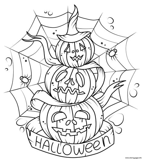 pumpkin scary pile  pumpkins spiders web coloring page printable