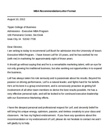 mba recommendation letter sample  letter template collection
