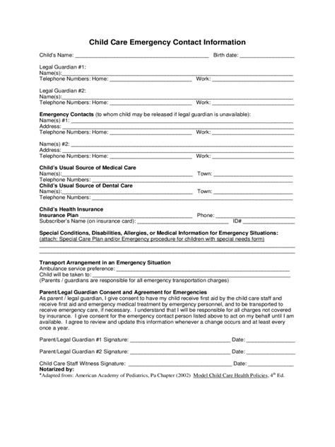 printable emergency contact form  daycare