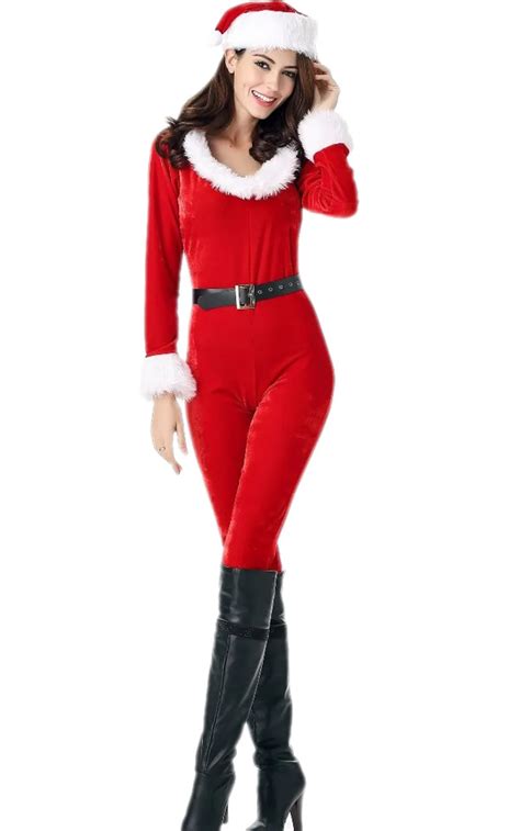 Adult Sexy Long Sleeve Red Santa Catsuit Sexy Red V Neck Christmas