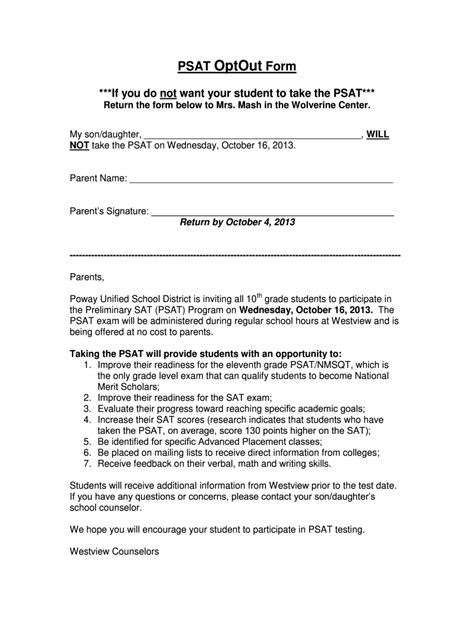 Psat Opt Out Form Fill Out And Sign Online Dochub