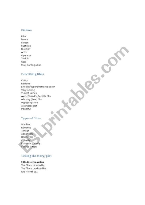 useful vocabulary on cinema topic esl worksheet by frumoasa